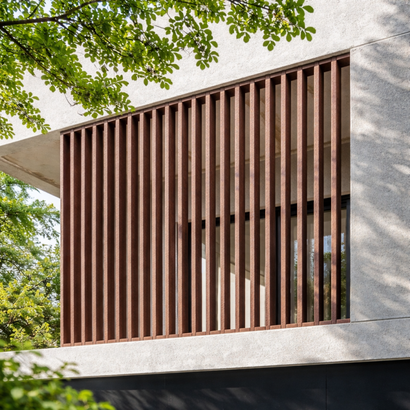 Decoración exterior de vivienda con listones de madera plástica